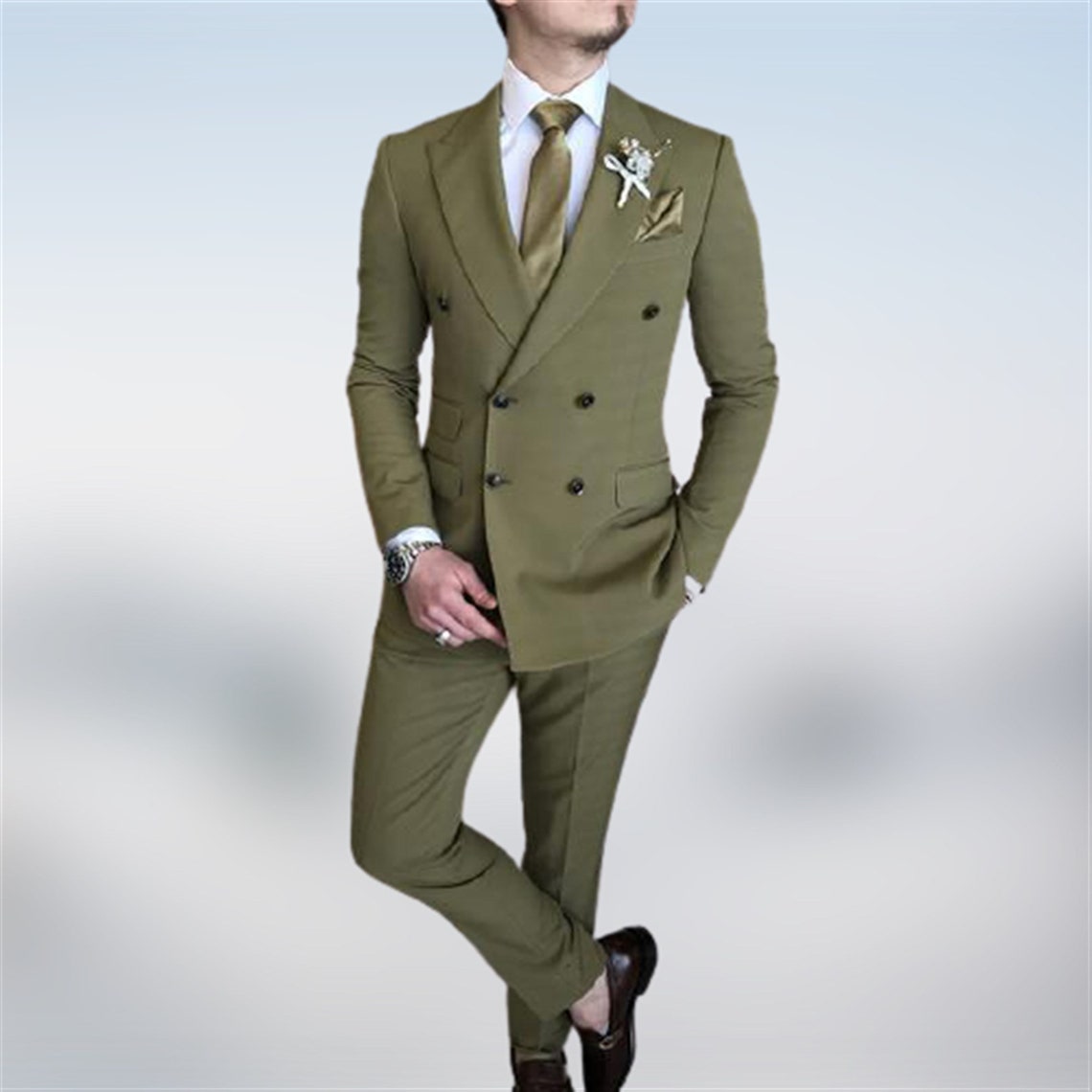 Men Suits Khaki Luxury Fashion Designer Double Breasted Suit Etsy