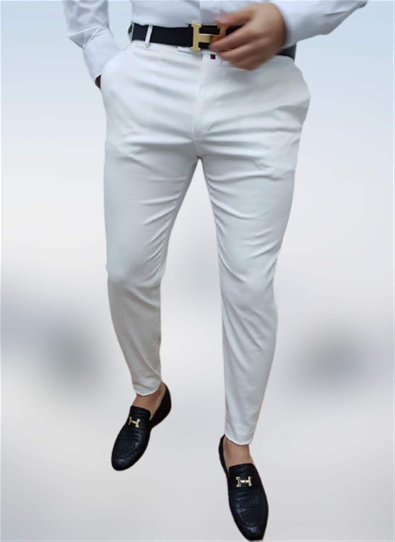 Men's Stretch Slim Fit White Casual Plain Elegant Pants Etsy