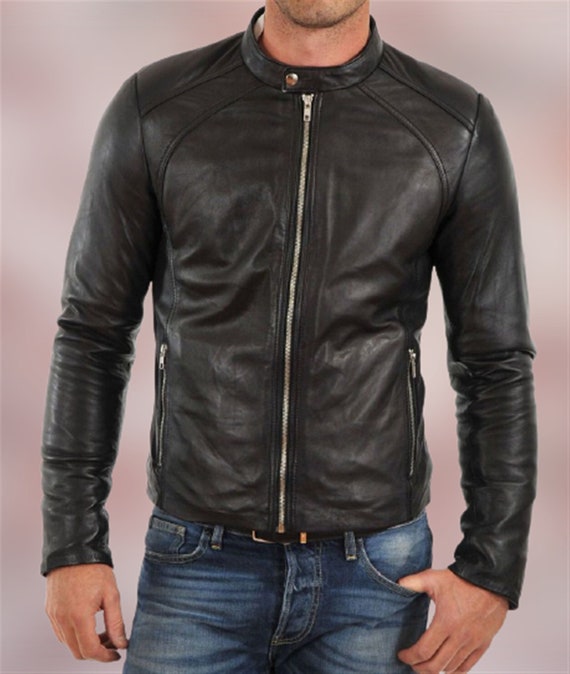 Men Leather Jacket Black Stylish Slim Fit Biker Motorcycle | Etsy