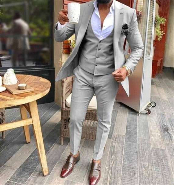 Men Suits Grey 3 Piece Formal Fashion Slim Fit Elegant Wedding - Etsy