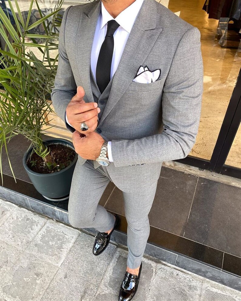 Men Suits 3 Piece Grey Wedding Groom Designer Formal Fashion Etsy