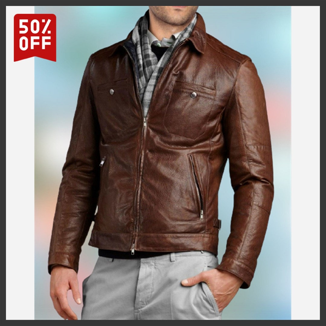 Mens Leather Jacket Hand Made Real Leather Vintage Style Etsy