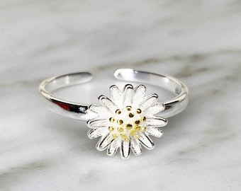 925 Silver Daisy Ring: Adjustable Stacking Flower Ring