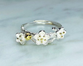 925 Silver Sakura Flower Ring: Adjustable Spring Blossom Jewelry