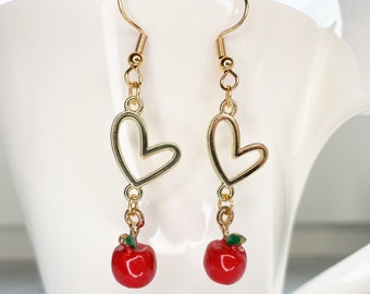 Miniature Apple Dangle Earrings, Heart Charm, Kawaii Jewelry
