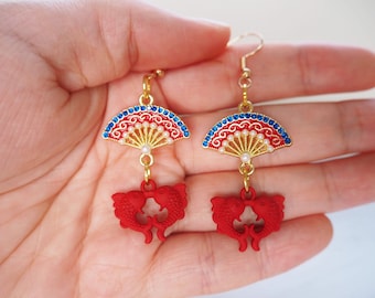 Chinese Fan Earrings: Red Fish Dangle, Lucky Charm Decor
