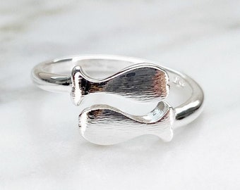 925 Sterling Silver Double Fish Ring - Adjustable Open Band