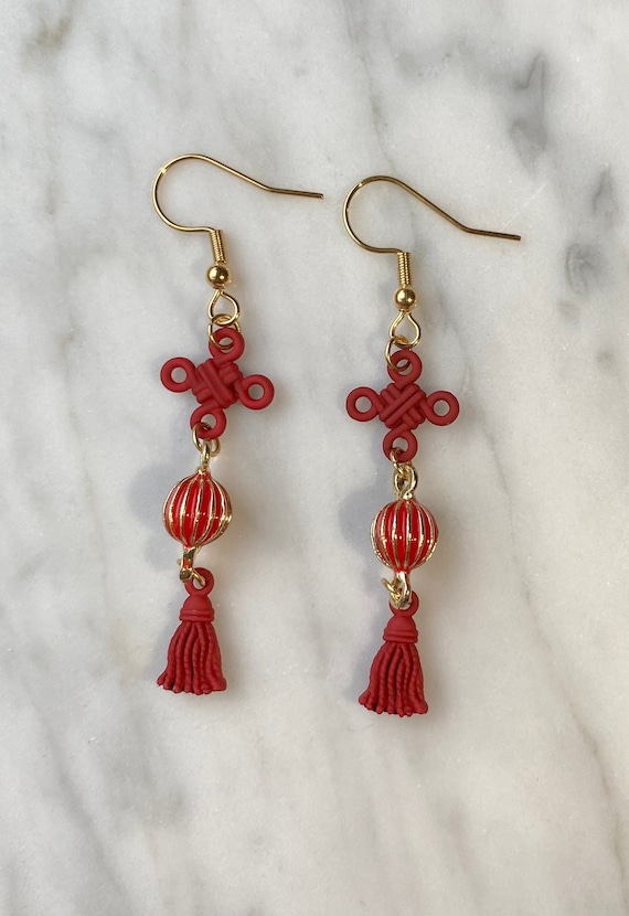 Eleganti orecchini pendenti a forma di lanterna cinese, colore rosso e oro, con nappe a goccia con pali in argento Sterling, ipoallergenici, gioielli culturali festivi, regalo per donne, matrimoni e