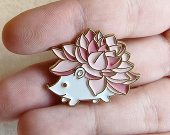 Hedgehog Brooch, Floral Succulent Enamel Pin, Animal Jewelry