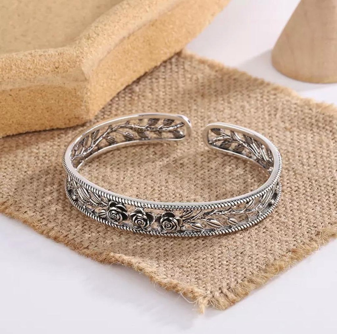 925 Sterling Silver Rose Bangle Silver Rose Cuff Bracelet - Etsy