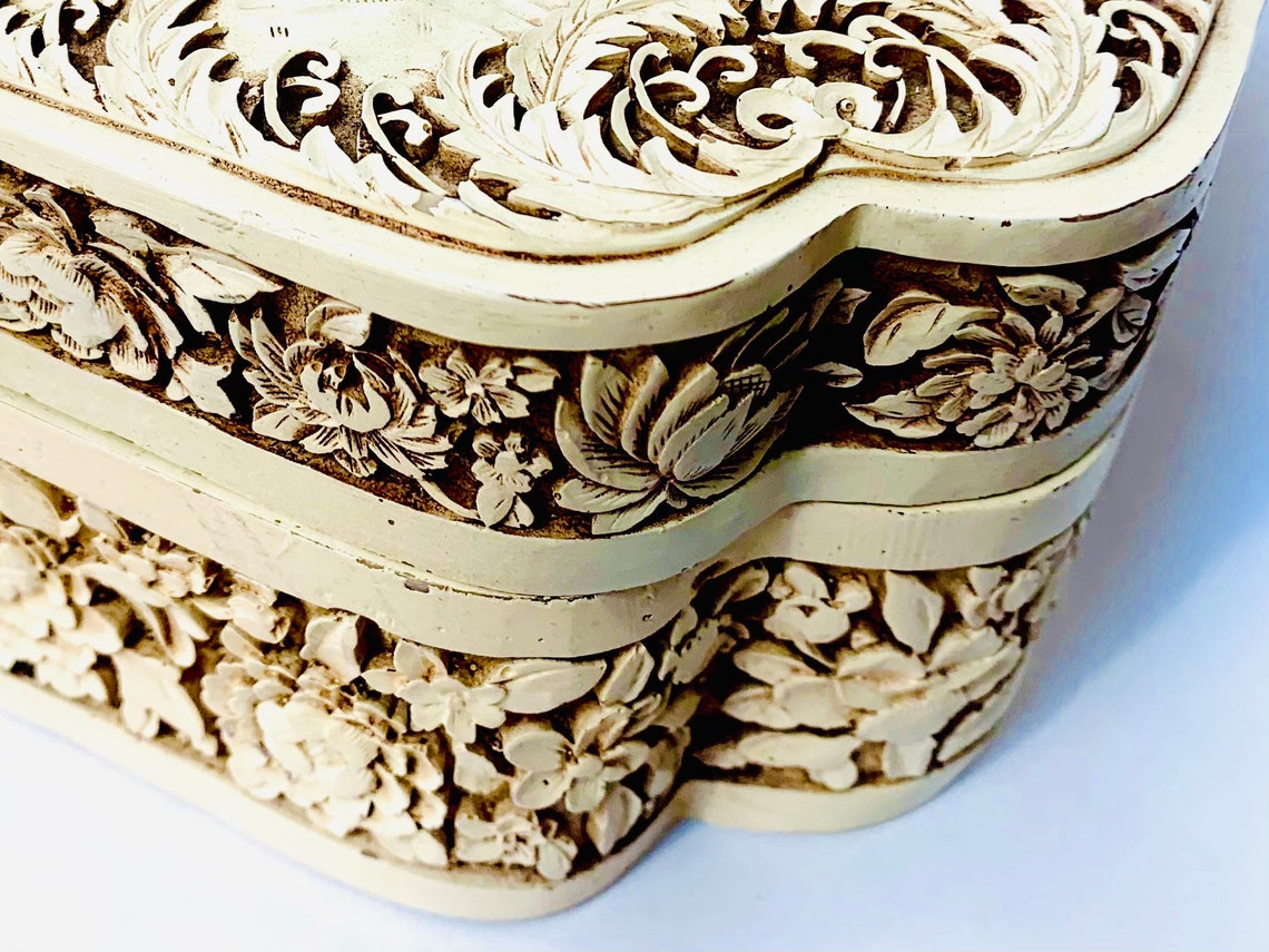 Vintage Jewelry Box Ivory Dynasty Carved Resin Jewelry Box by Arnart