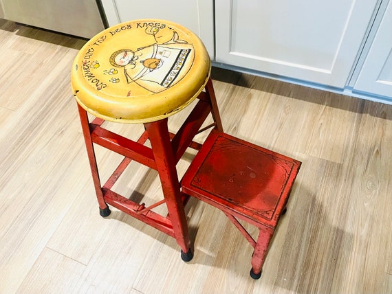 New red vintage kitchen retro chair bar step stool metal deals