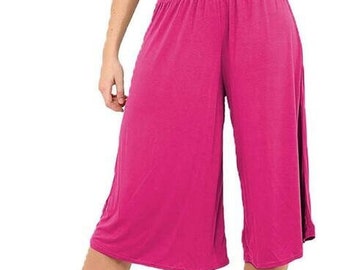 Womens Culottes Half Elasticated Waist Wide Leg Pants 3/4 Length Shorts 8-26