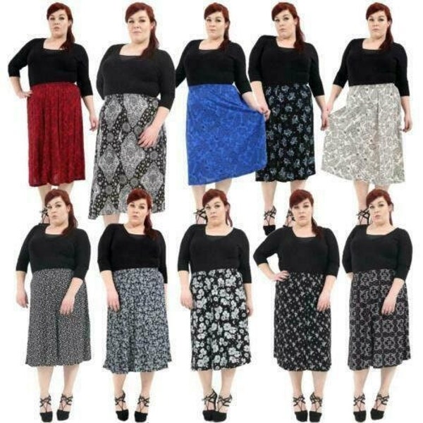Ladies  Plus Size Floral Skirt  Printed Elasticated Waist Boho Midi Skirt UK Size 12-24