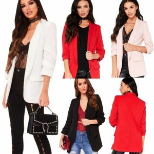 Ladies Stylish Ruffle Frill Blazer 3/4 Sleeve Long Line Dust Coat UK SIZES 8-26