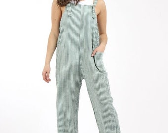 Ladies Italian Lavish Stripy Print Cotton Overalls Side Pockets All In One Jumpsuit Romper