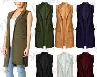 Womens Ladies Crepe Sleeveless Waistcoat Long Blazer Cardigan Jacket Top 8-22