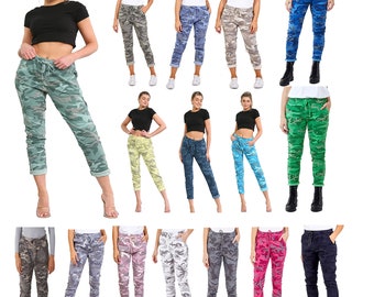 Womens Army Trousers Italian Camouflage Magic Pants Joggers Super Stretchy Casual Comfy Trouser UK 10-22