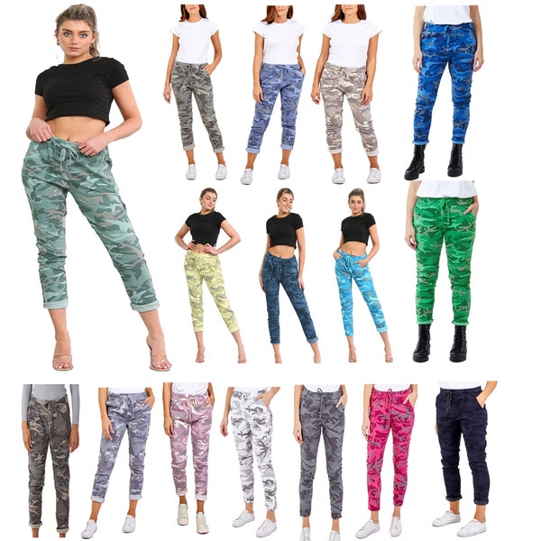 Womens Army Trousers Italian Camouflage Magic Pants Joggers Super Stretchy Casual Comfy Trouser UK 10-22