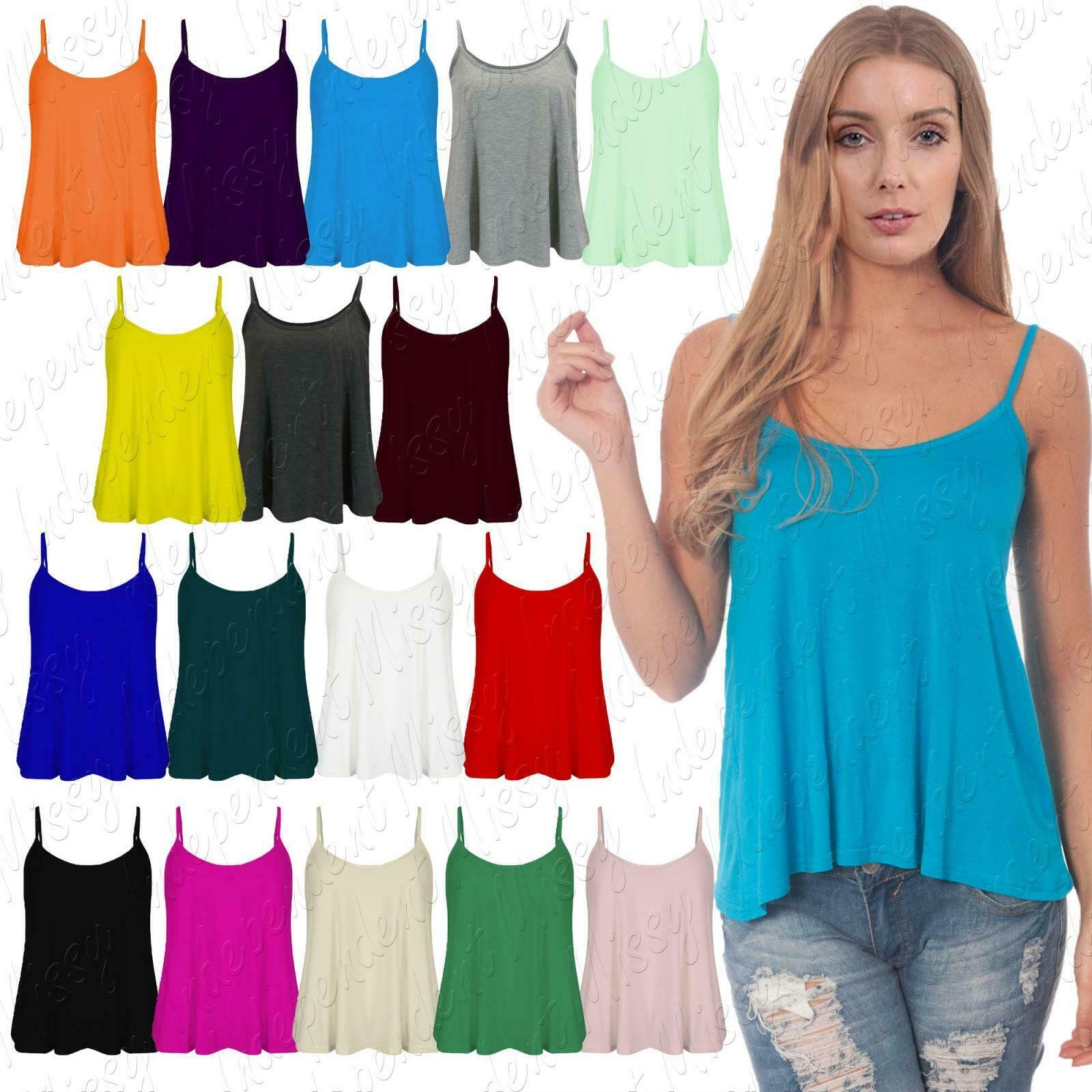 Ladies Vest Top Cami Lace Strappy Full Length Cotton Rich Stretch Size 8-22