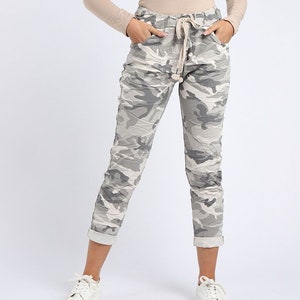 Candid Styles Womens Army Trousers Italian Camouflage Print Ladies High Waist Magic Pants Active Yoga Casual Stretchy Joggers Lagenlook Style Drawstrings Belt UK 8-22