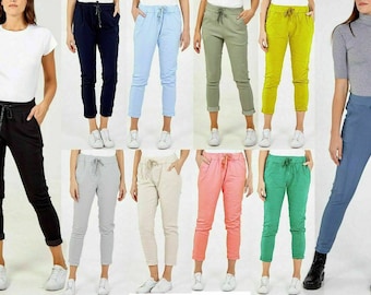 Ladies Stretch Magic Italian Trousers Womens Crushed Casual Leggings Look Joggers Pants One Size UK 8-22
