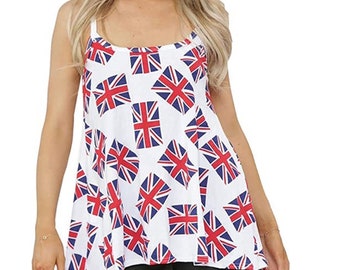 Ladies Union Jack  Flag Print A-Line Vest Top Women’s Cami Sleeveless Swing Flared Mini U.K. T-shirt