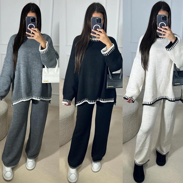Ladies Donna Knitted Loungewear Colour Matching Co Ord Set Long Sleeve Jumper Top & Wide leg pants UK SIZE 6-22