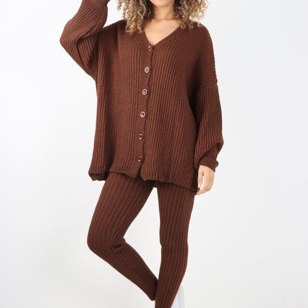 Ladies Tilly Knitted Lounge Set V Neck Six Button Cardigan Jumper Leggings Co Ord Set UK SIZE 8-14