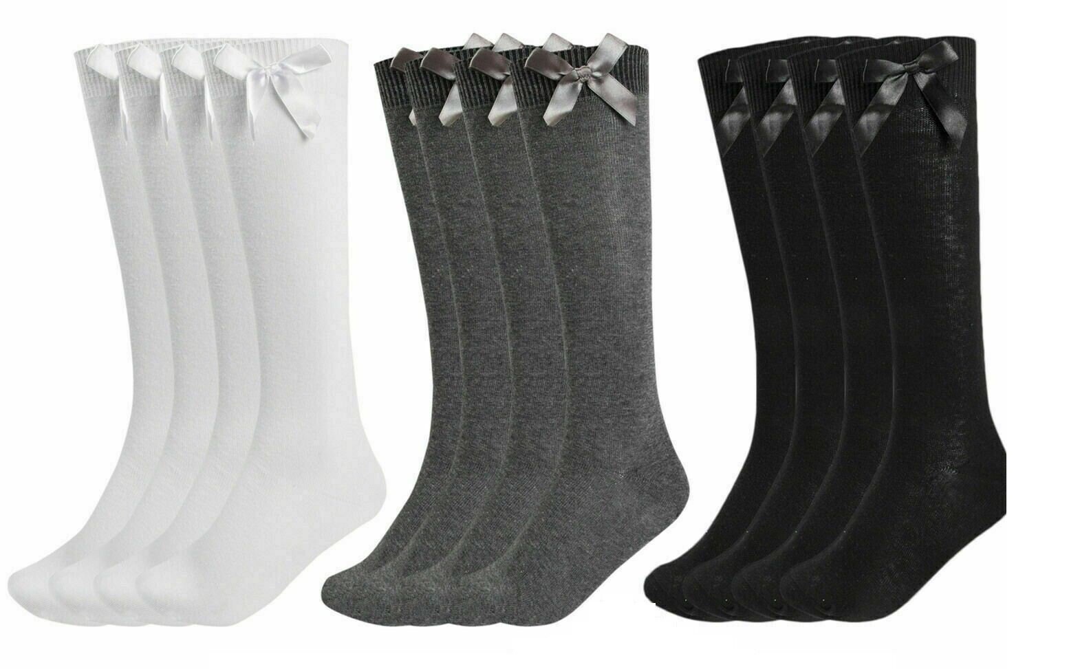 6 X Pairs Of Kids Girls Knee High School Socks With Matching Bow Black Navy Grey White 