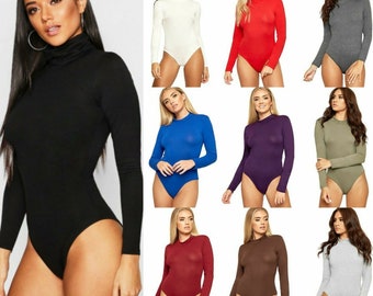 New Womens Turtle Neck Velvet Bodysuit Ladies Long Sleeve Stretch Top Size 8-14 New Womens Turtle Neck Velvet Bodysuit Ladies Long Sleeve Stretch Top Size 8-14