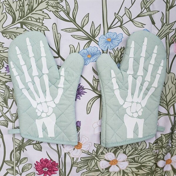 Pastel Goth Living Dead Skeleton Hand Set of Oven Mitts, Pot Holders for Halloween or any Season