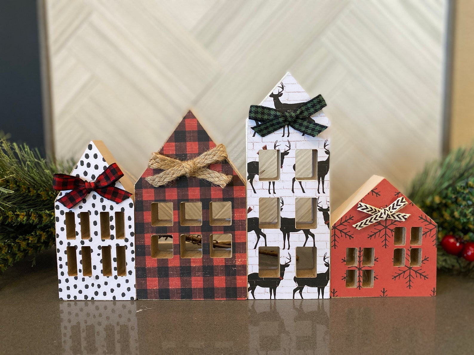 Wood Christmas Houses Set of 4 Christmas Decor Rustic Etsy