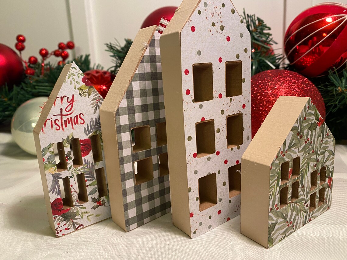 Wood Christmas Houses Set of 4 Christmas Decor Rustic Etsy
