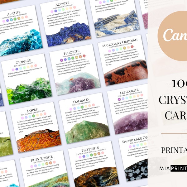 Set of 100 printable crystal cards, crystal meaning cards, printable gemstone cards, crystal description cards, crystal cards for business