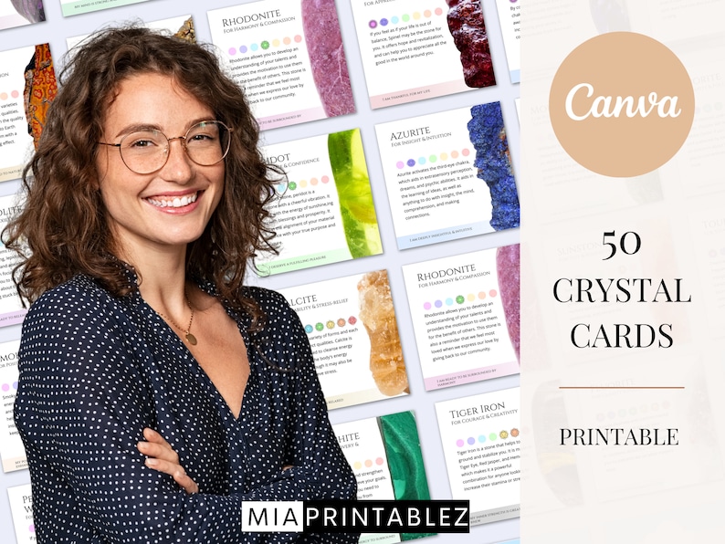 Set of 50 printable crystal cards, crystal meaning cards, printable gemstone cards, crystal description cards, crystal cards for business zdjęcie 1