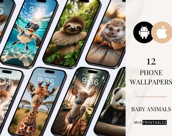 Baby Animals Phone Wallpaper Digital Download, Cute Phone Wallpaper Set, Animal Phone Background, Super Cute Animals Digital Art