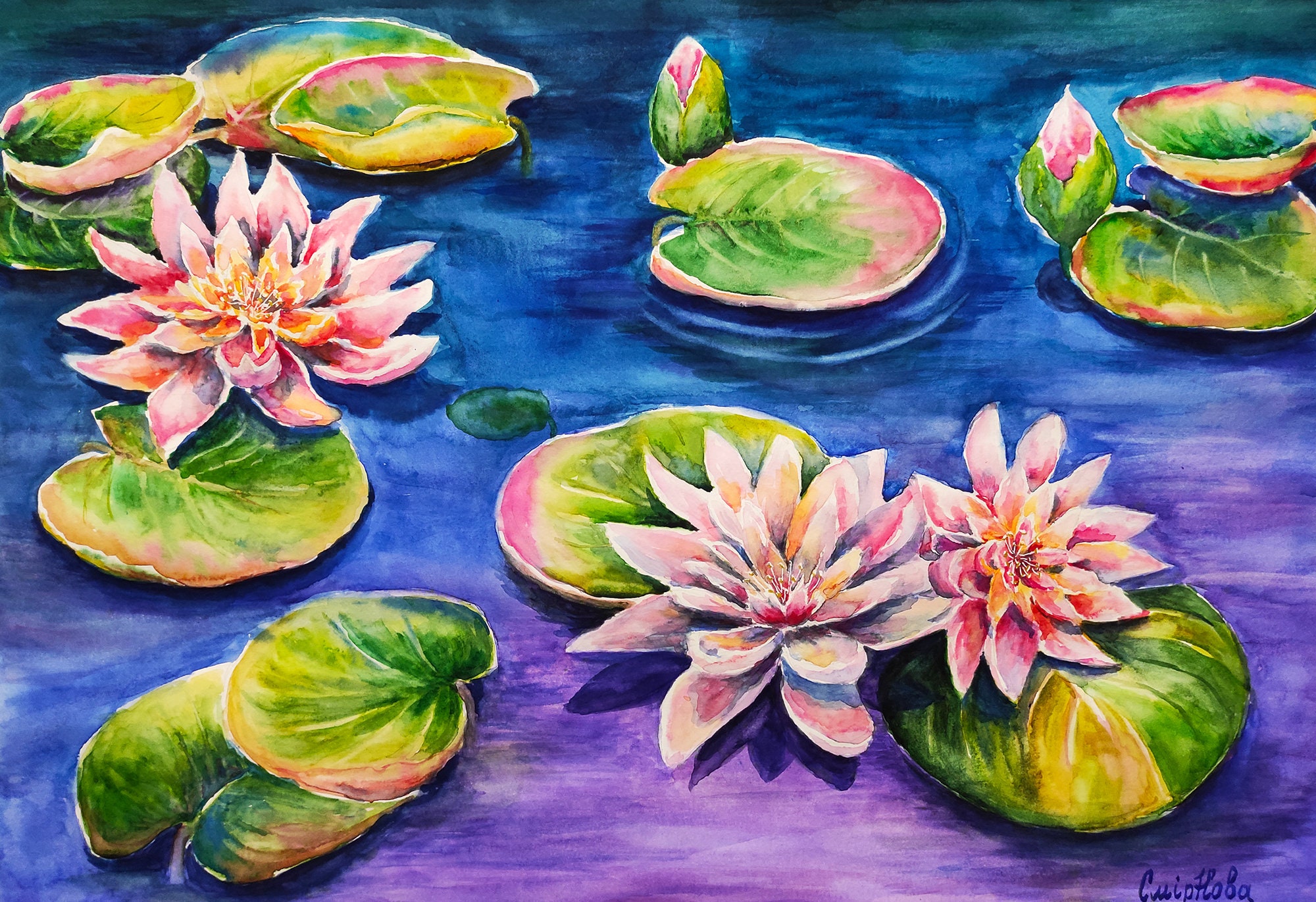 Seerose Aquarell Original Kunst Wasserpflanze Malerei Teich Etsy