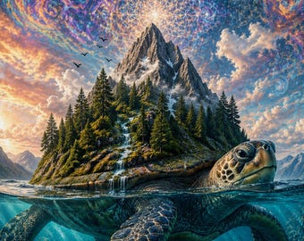 Psychedelic Ocean Turtle Poster | Trippy Island Landscape Art | Unique Nature Wall Print