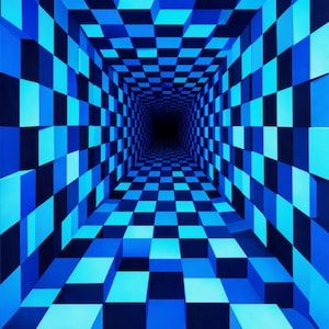 Blue Checkerboard Tunnel Optical Illusion Poster | Trippy 3D Geometric Infinity Wall Art