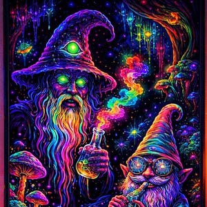 Póster de mago y gnomo psicodélico / Arte de bosque fantástico alucinante / Decoración de pared mágica de neón