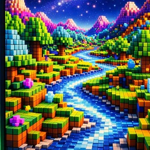 Pixelated Alien Planet Landscape | Retro Block Universe Wall Art | Gamer Room Decor