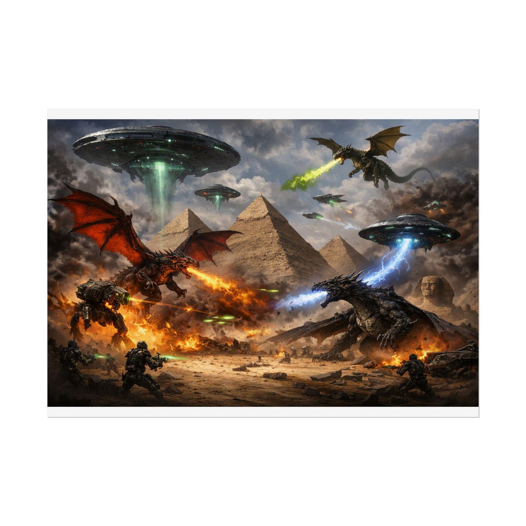 Dragons Vs Aliens Pyramid Battle Poster | Sci-fi Fantasy War Scene ...