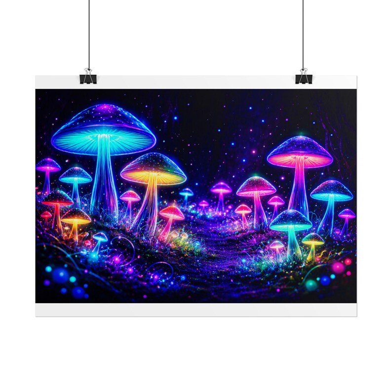 Psychedelic Neon Mushroom Poster | Trippy Glow Forest Wall Art ...