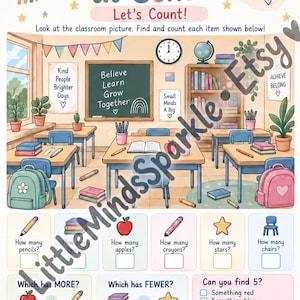 May include: An educational worksheet titled Maths at School Let's Count featuring a classroom illustration with desks, books, and backpacks. Below the scene are counting tasks with icons for pencils, apples, crayons, stars, and chairs to solve.