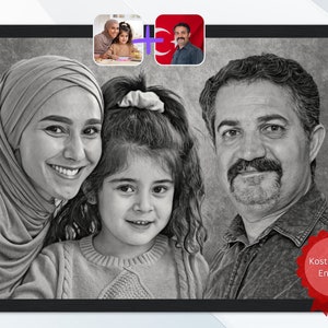 以下が含まれることがあります： 家族の白黒鉛筆画。左側に頭巾をかぶった女性、中央に少女、右側に男性が描かれている。絵は黒い額縁に入っている。