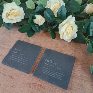 Set of Two Slate Coffee and Tea Definition Coasters, Coffee Coaster, Tea Coaster, Drink Coaster, Livingroom Coaster, House Warming Gift