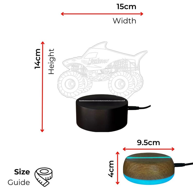 Measurements of a personalised megalodon monster truck led night light