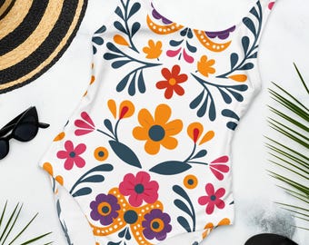 Floral Folklore One-Piece Swimsuit, Mexican Flower Swimsuit, Bachelorette Swimsuit, Mexican Beachwear, Latina Swimsuit, Fiesta Swimsuit