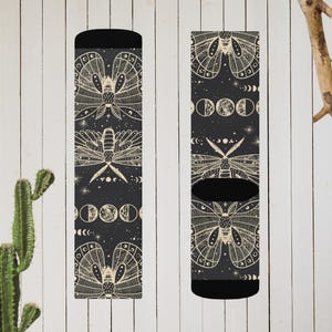 Celestial Moth Crew Socks, Witchy Gothic Socks, Celestial Clothing, Luna Moth Socks, Mystical Moth Socks, Celestial Moon Socks,Dark Academia